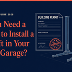 Do you need a permit to install a car lift in your home garage: building permit with an approval stamp beside a two-post car lift and a 240-volt electrical panel.
