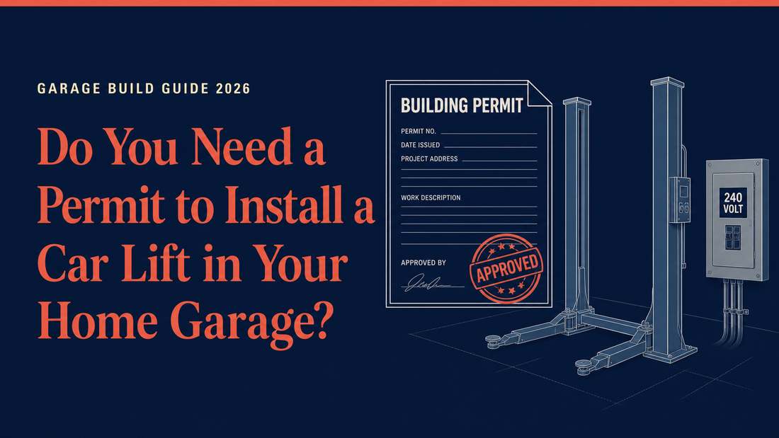 Do you need a permit to install a car lift in your home garage: building permit with an approval stamp beside a two-post car lift and a 240-volt electrical panel.
