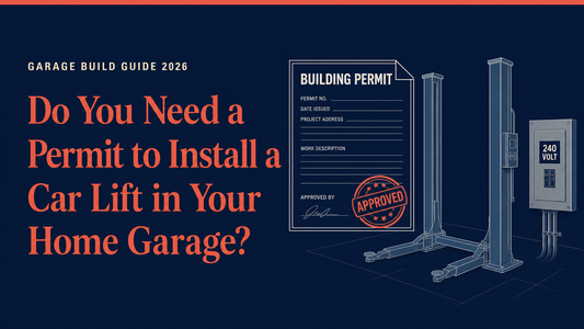 Do you need a permit to install a car lift in your home garage: building permit with an approval stamp beside a two-post car lift and a 240-volt electrical panel.