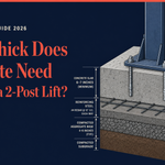 How thick concrete needs to be for a 2 post lift: labeled cross-section of a two-post lift baseplate anchored into a reinforced garage slab.