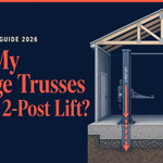 Can my garage trusses support a 2-post lift: cross-section showing the lift's load running down the two columns into the concrete slab while the roof trusses carry none of it.