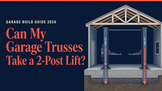 Can my garage trusses support a 2-post lift: cross-section showing the lift's load running down the two columns into the concrete slab while the roof trusses carry none of it.