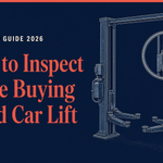 What to inspect before buying a used car lift: a used two-post lift with a magnifying glass over its cable and safety lock next to an inspection checklist.