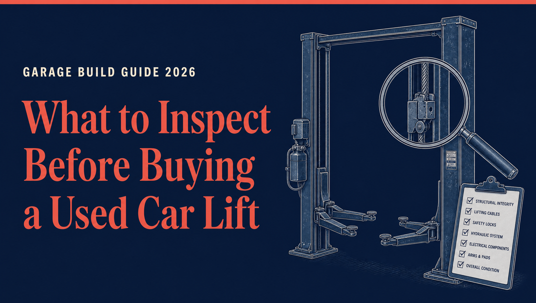 What to inspect before buying a used car lift: a used two-post lift with a magnifying glass over its cable and safety lock next to an inspection checklist.