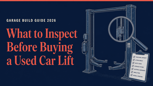 What to inspect before buying a used car lift: a used two-post lift with a magnifying glass over its cable and safety lock next to an inspection checklist.