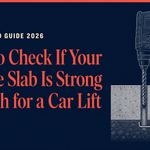 How to check if your garage slab is strong enough for a car lift: hammer drill boring a test hole through a concrete slab with a bent-wire depth gauge measuring thickness.