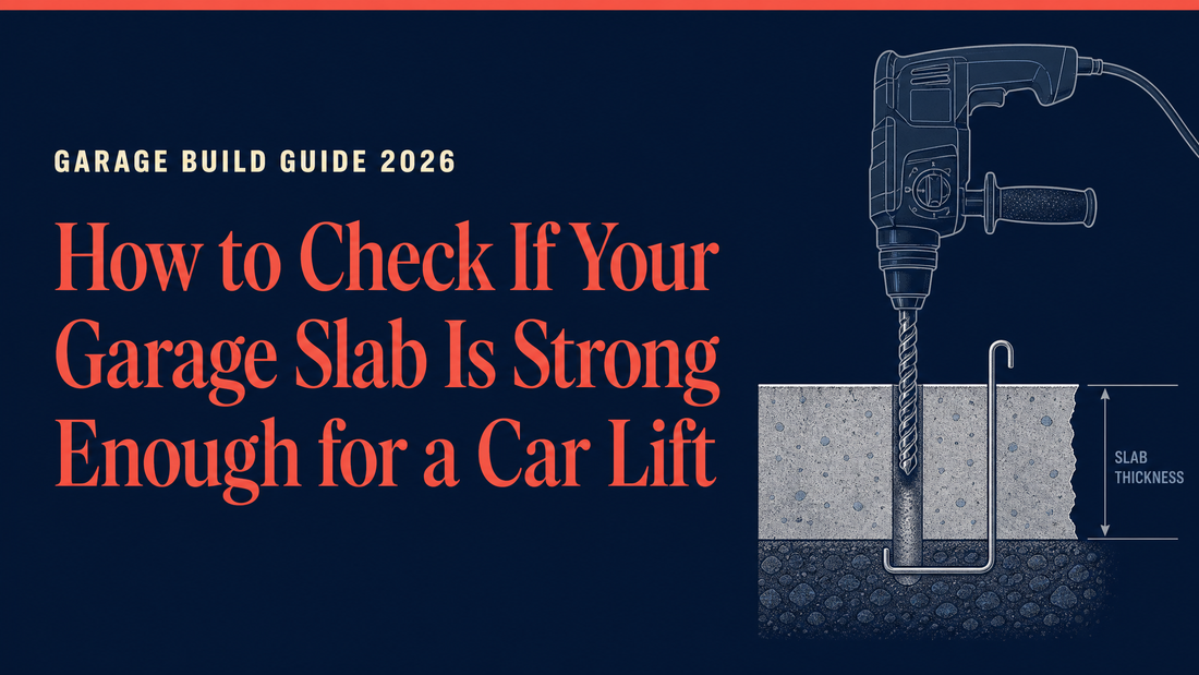How to check if your garage slab is strong enough for a car lift: hammer drill boring a test hole through a concrete slab with a bent-wire depth gauge measuring thickness.